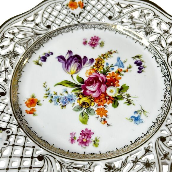 Schumann Dresden Bouquet Pierced Wall Plate 8" Germany Vintage Fine Porcelain - Picture 2 of 8